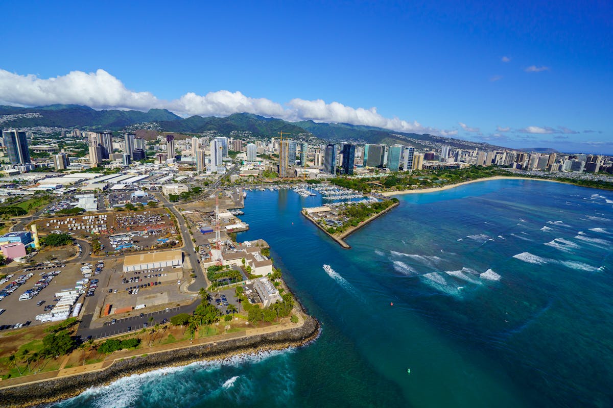 Aerial Shot of Sea, Harbor and City, Waikiki, Honolulu, Hawai, USA